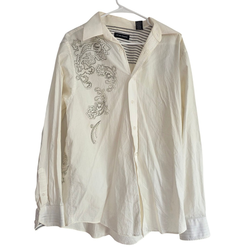 Michael Brandon Mens Long Sleeve Button‎ Shirt Cream Paisley Embroidered Size L